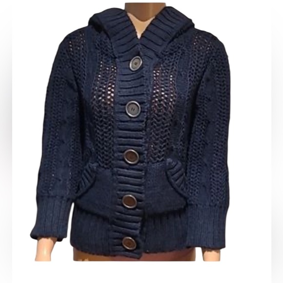 Free People Navy Blue Open Knit Cable Cardigan w/Hoodie Sweater Boho Small - Picture 1 of 4